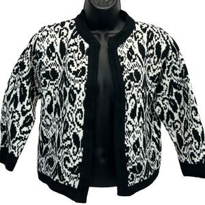 Vintage 60s Open Front Cardigan Sweater Womens Medium Black White Floral Lampl